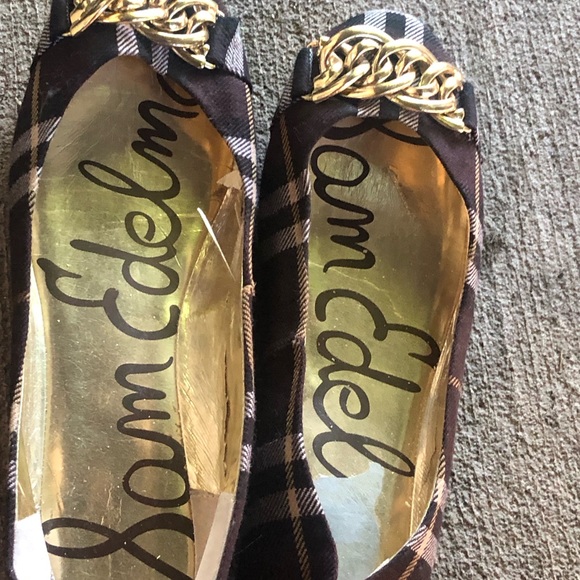 Sam Eldelman Womes Brown Gray Black Plaid w/Gold Chain Ballet Sandals Size 6M - Picture 9 of 11